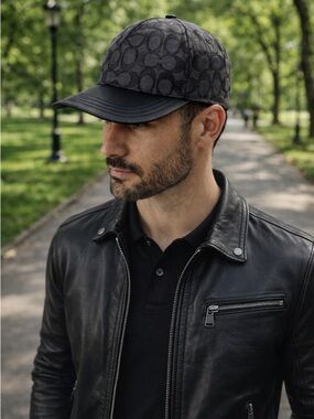 Coach Signature Jacquard Leather Brim/Flat Brim Hat Caps Black Adjustable
